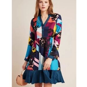 Anthropologie Maeve Gillian Abstract Geometric Mixed Print V-neck Dress Small
